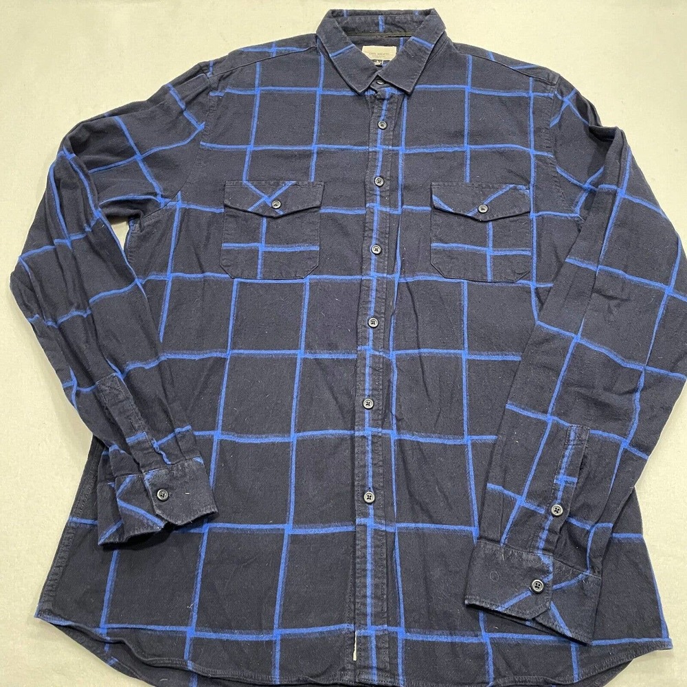 Civil Society Size Large Mens Blue Blackl Button Up Shirt‎ Pockets Long Sleeve